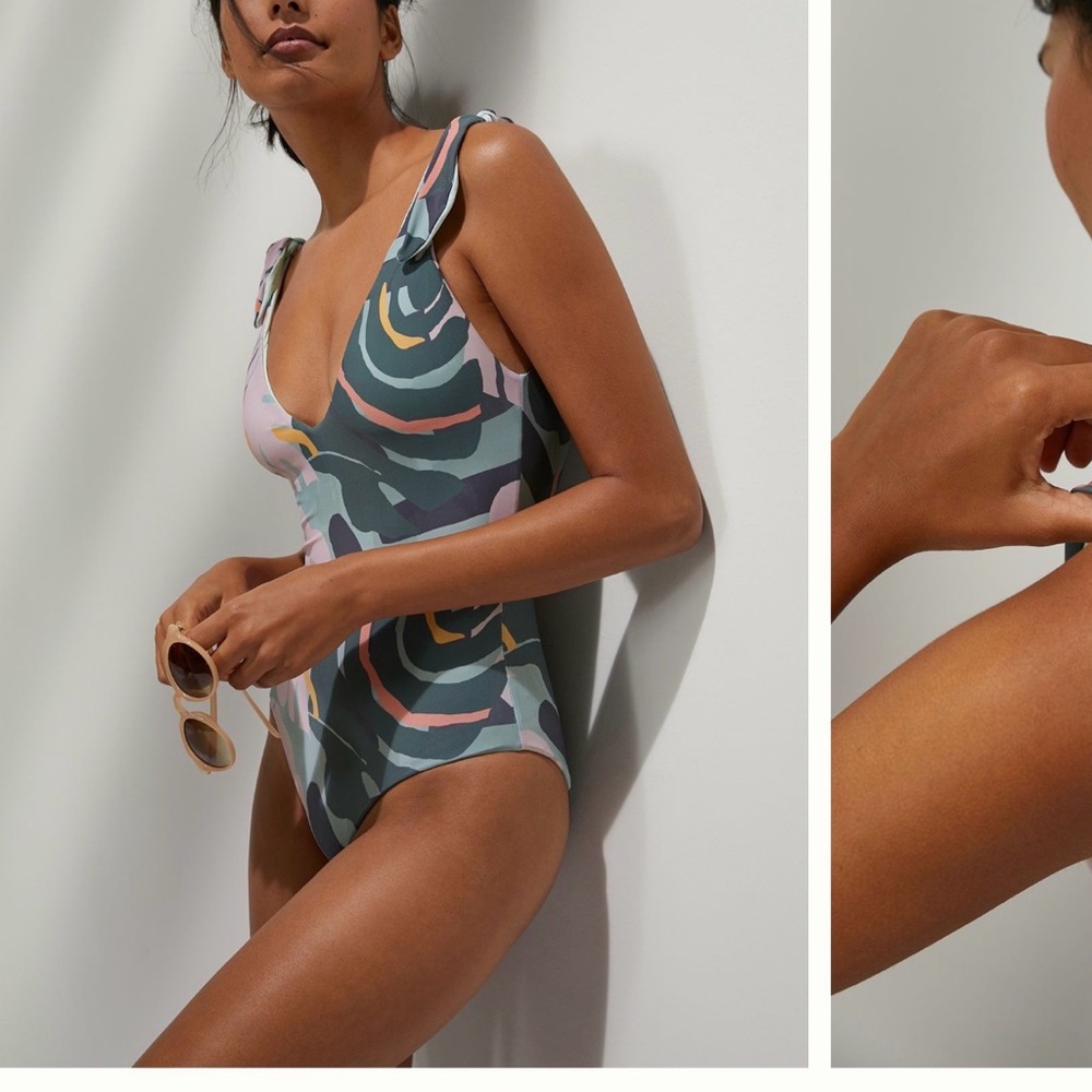 Malai One-Piece Swimsuit in Sage Green & Pink Floral Print flattering front back